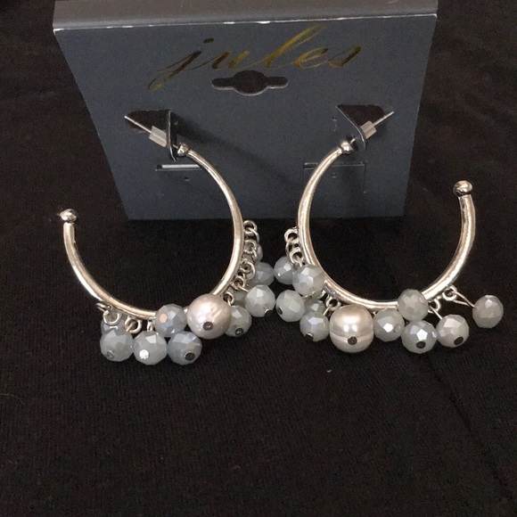 Grey Crystal and GENUINE Pearl Hoop Earrings - Picture 2 of 6